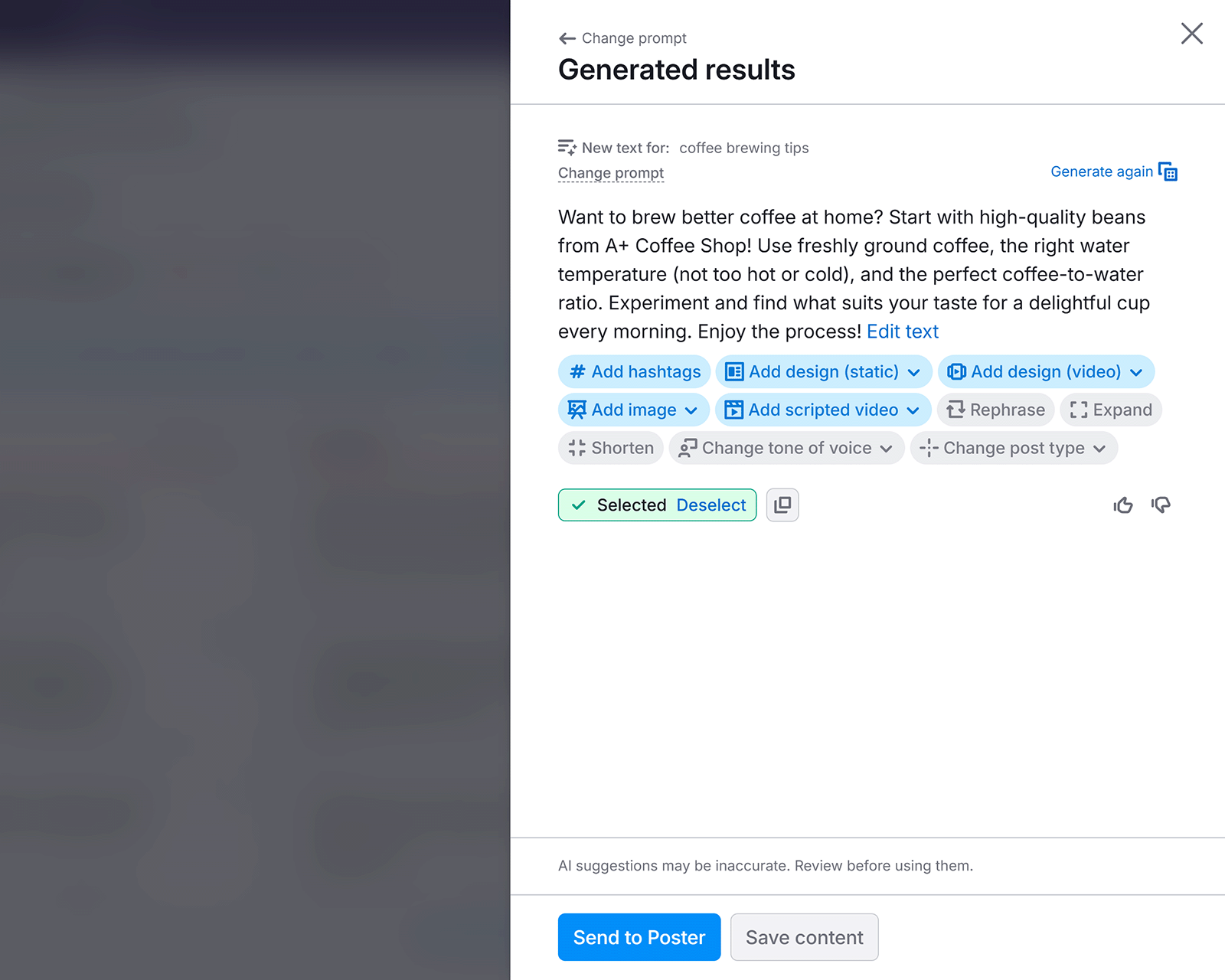 AI-generated social post editor showing suggested coffee brewing text and options to add hashtags, design, and images.