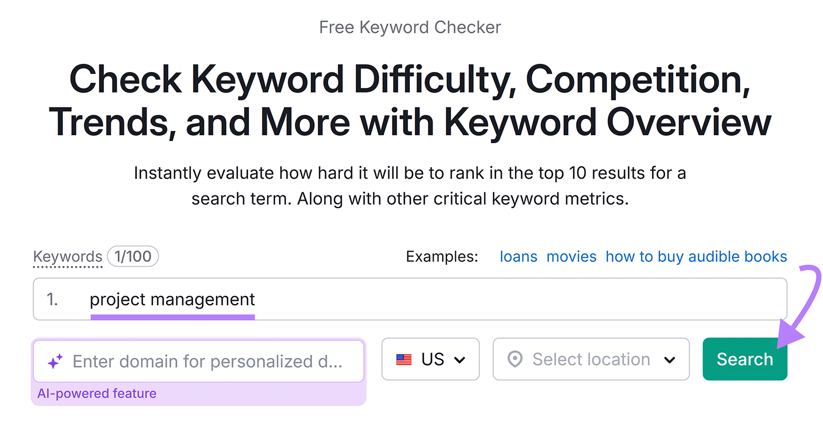 Keyword Overview tool showing “project management” typed in with the search button highlighted.