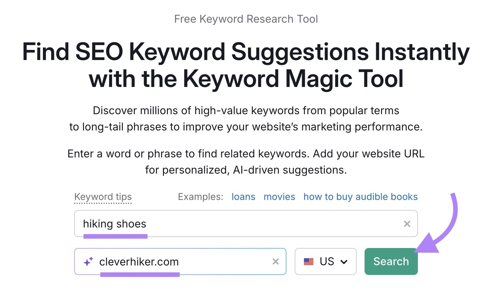 Keyword Magic tool with "hiking shoes" entered as the term, a domain entered, and "Search" clicked.