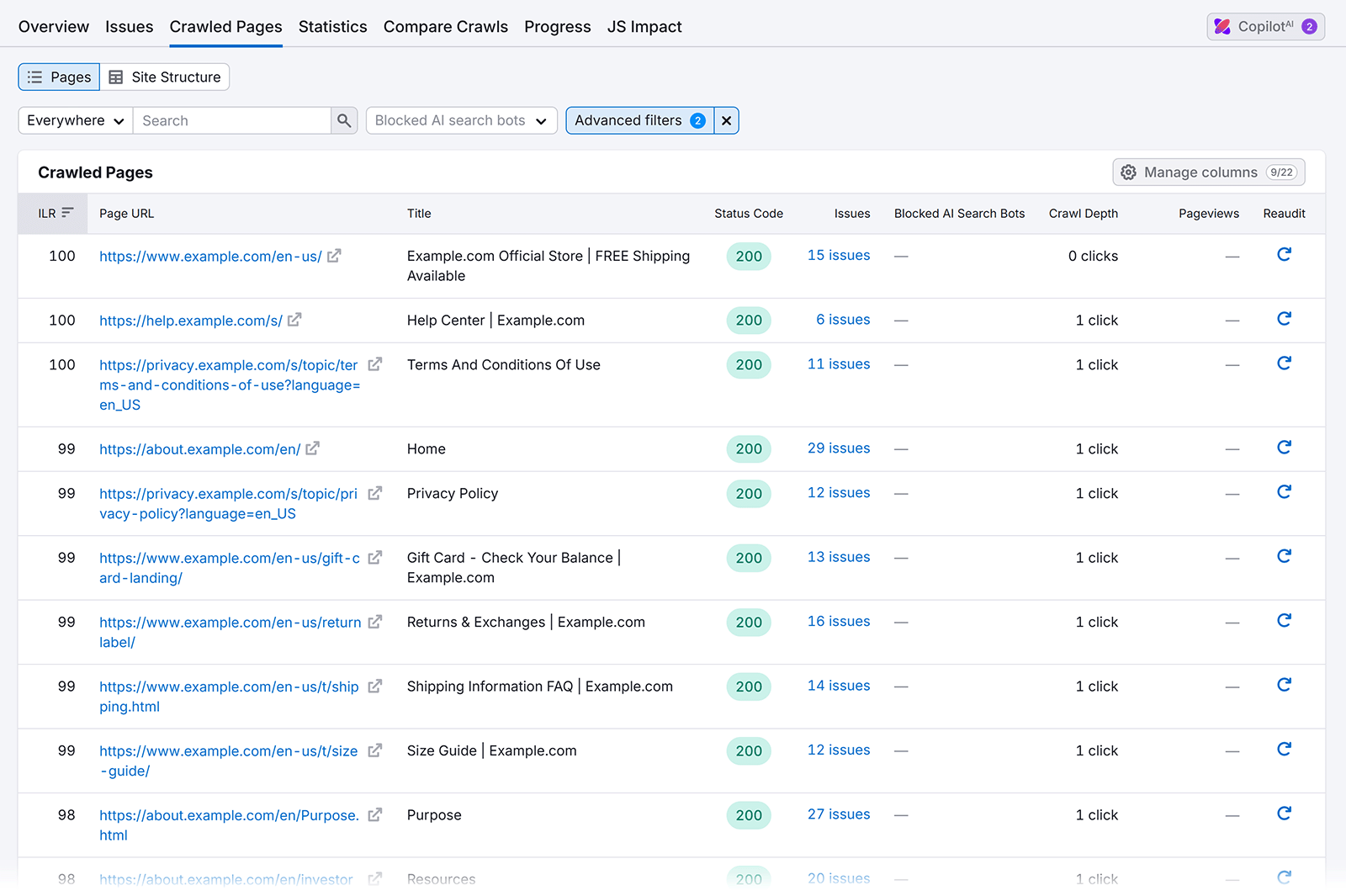 Semrush crawled pages report listing URLs, status codes, issues, and page metrics for a site audit.