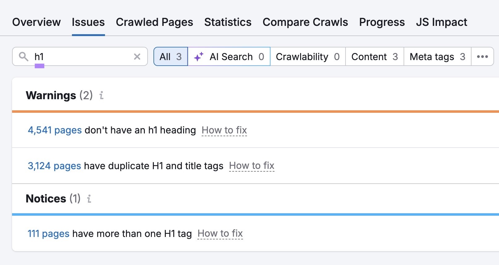 The "Issues" tab on Site Audit with "h1" entered showing a list of related notices and warnings.