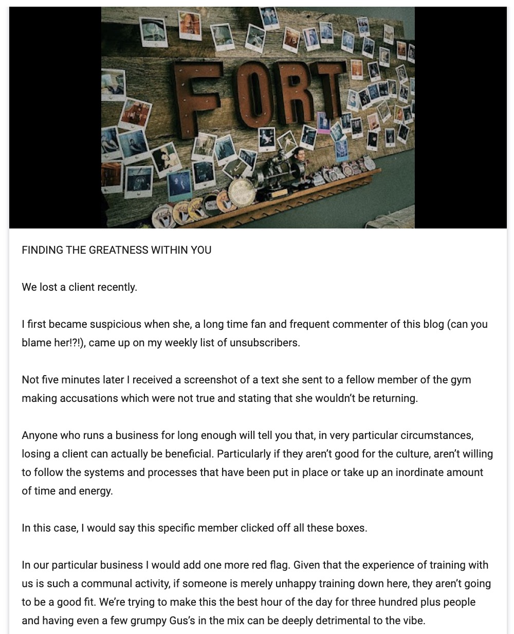 Google Business Profile post by a fitness brand, The Fort NYC, explaining how losing a client can sometimes be beneficial for a business.