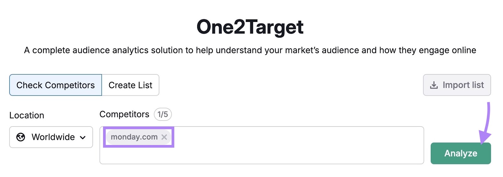 One2Target tool start with a competitor's domain entered and the "Analyze" button clicked.