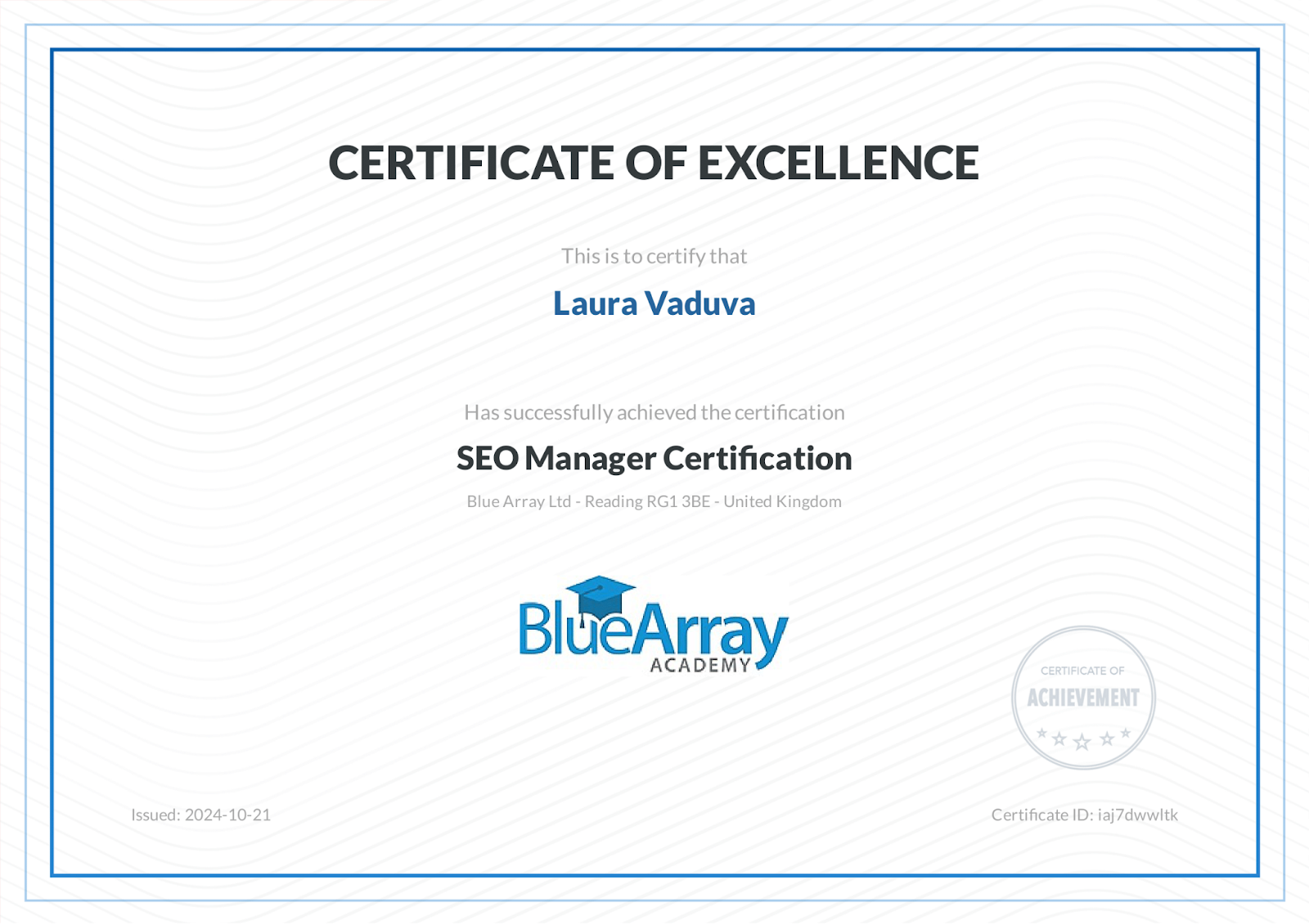 The SEO certificate is for an SEO Manager Certification.
