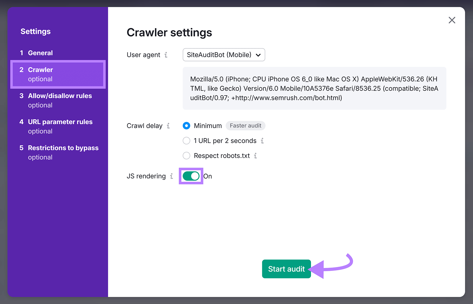 Semrush Site Audit crawler settings with JavaScript rendering enabled and Start audit button highlighted