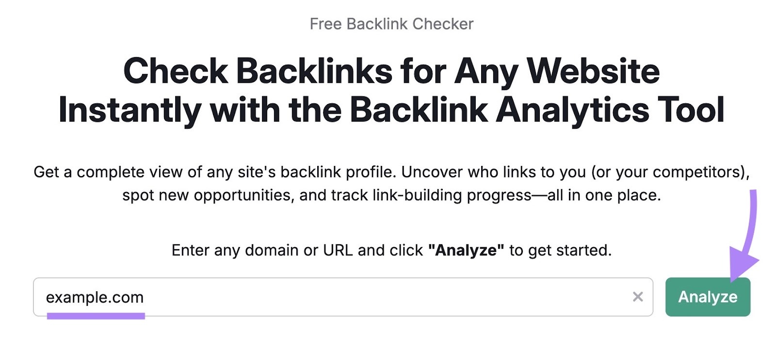 Backlinks tool with a domain entered and "Analyze" clicked.
