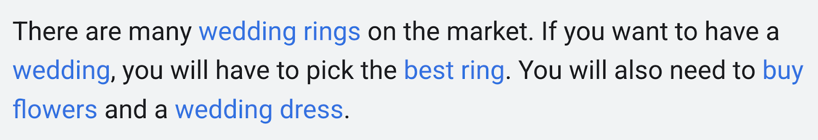 In Google's example, the phrases wedding rings, wedding, best ring, buy flowers, and wedding dress are all links within a three sentence span.