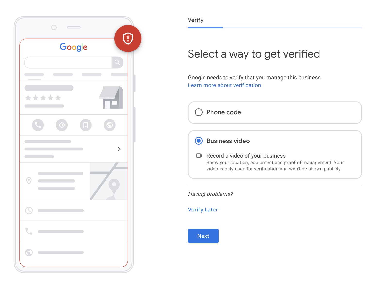 Verification page as part of setting up a Google Business Profile with the options including to verify via a phone code or a business video.