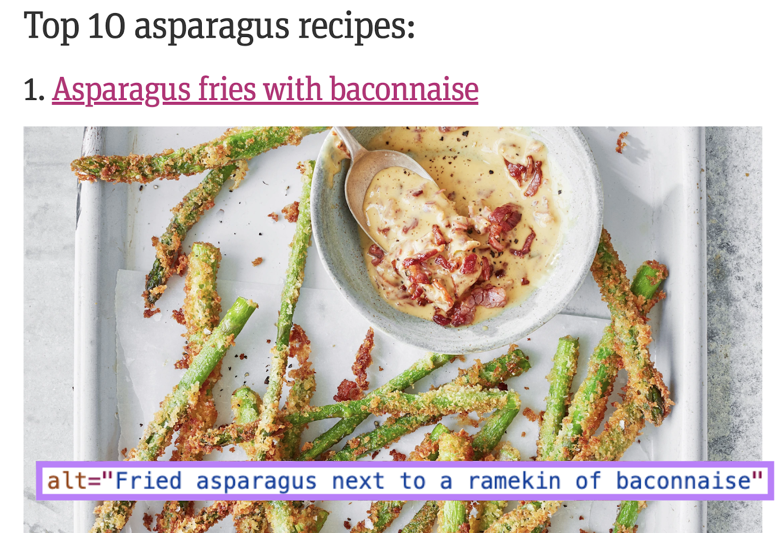 An image's alt text says, "Fried asparagus next to a ramekin of bacconaise."