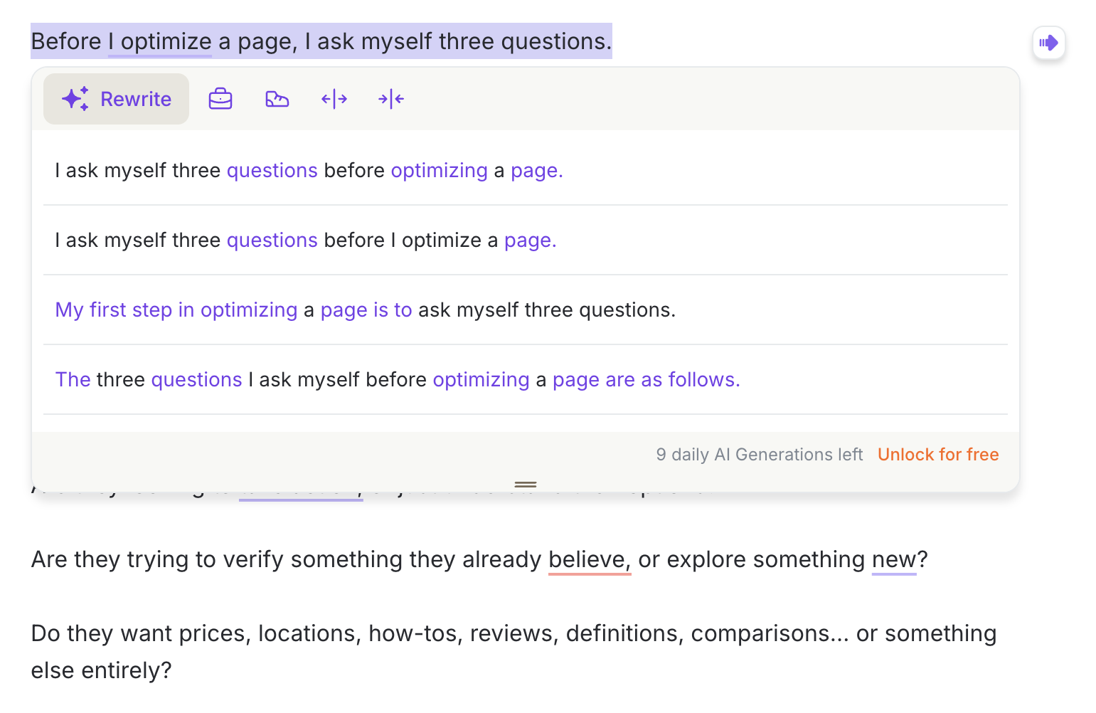 A sentence is highlighted with options for clarifying the grammar.