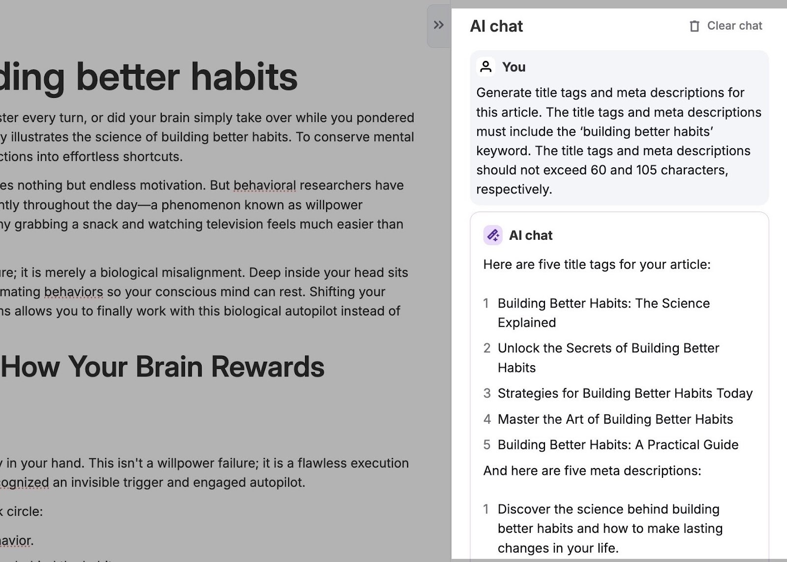 AI Search Optimizer with a prompt to generate a title tag and meta description for an article along with the results on the The AI chat.
