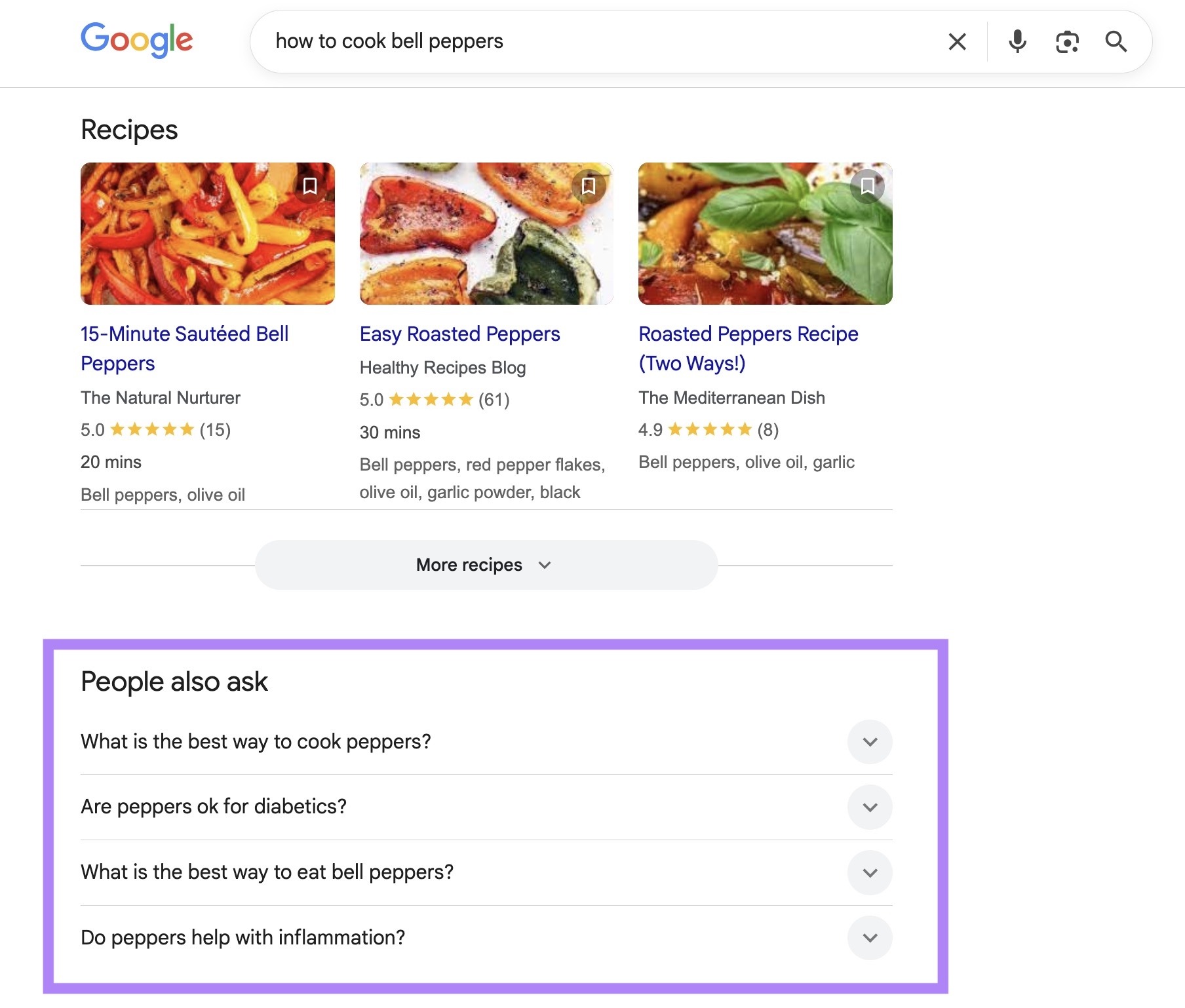 Google SERP for the term "how to cook bell peppers" with the "People also ask" section highlighted.