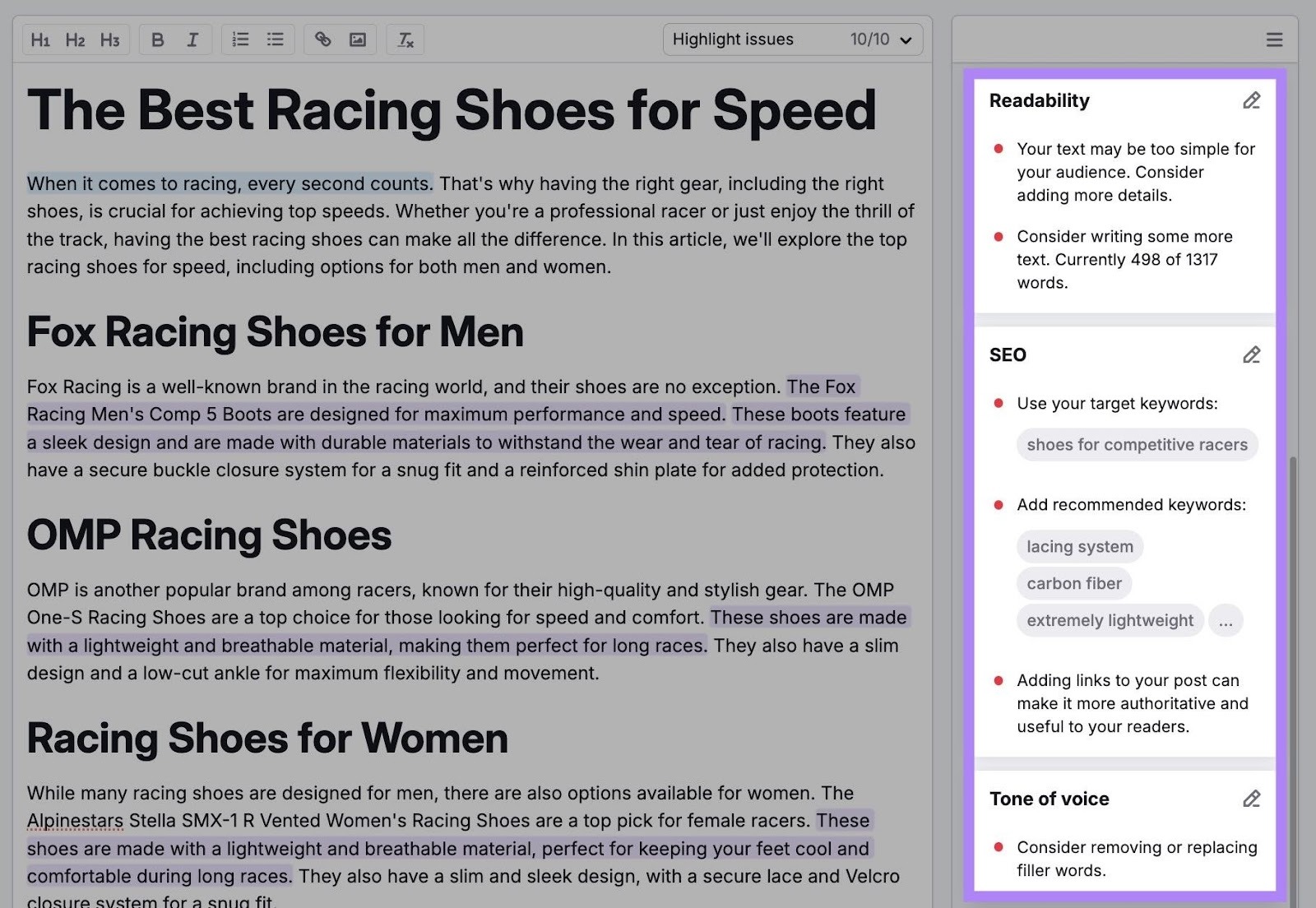 Content recommendations categorized by readability, SEO, tone, etc. on the Semrush Writing Assistant.