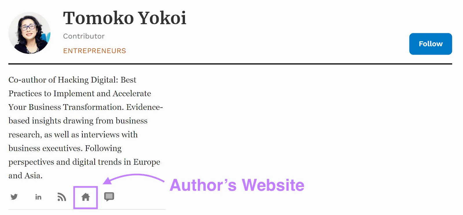 The author bio on Forbes with the link to the author's website highlighted.