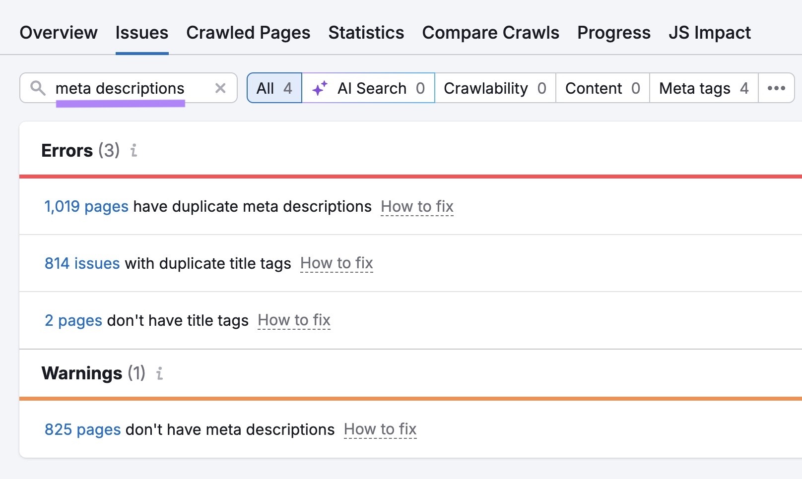 The "Issues" tab on Site Audit with "meta descriptions" entered showing a list of related errors and warnings.