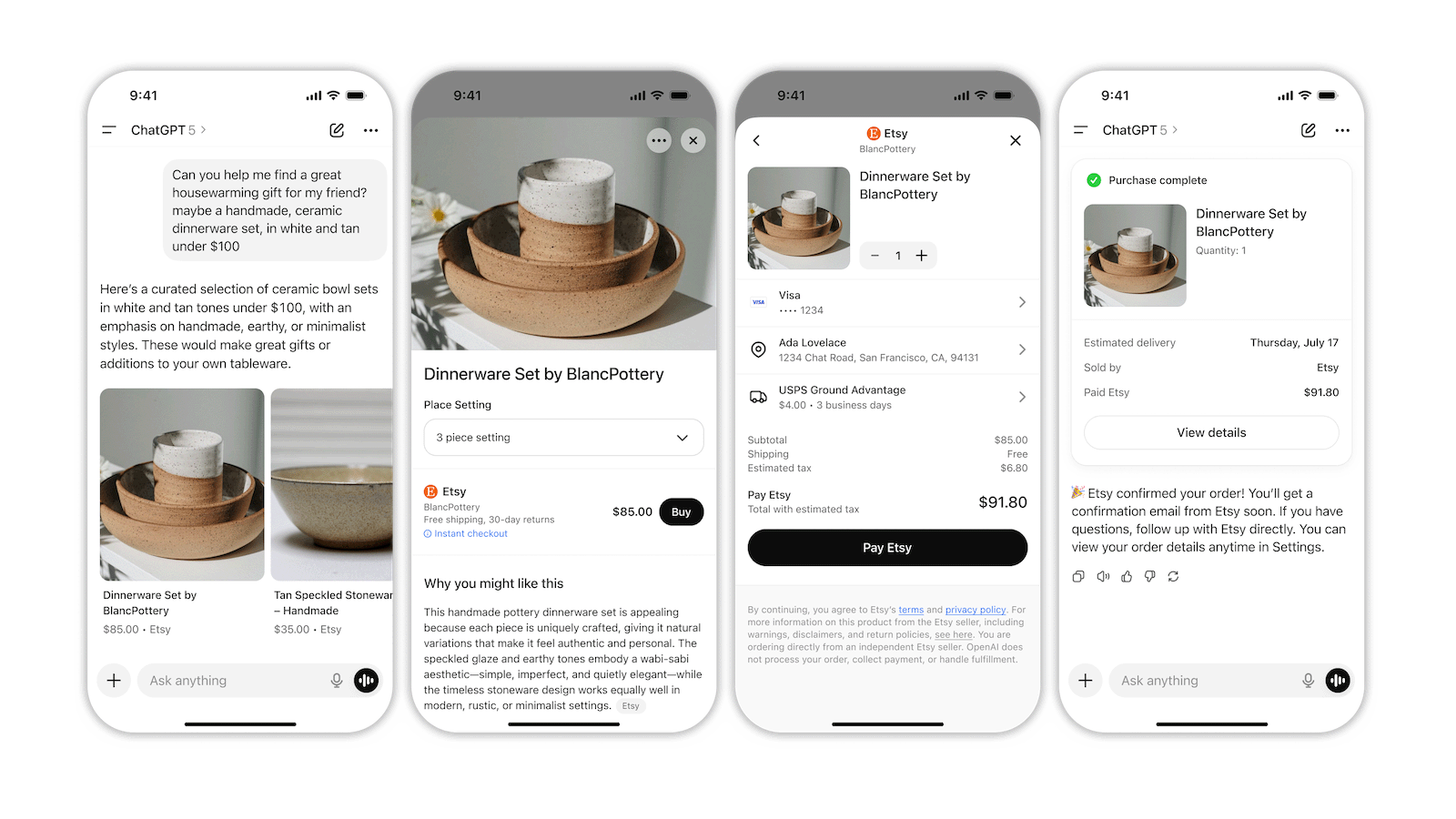 Mobile flow showing ChatGPT product recommendation, Etsy checkout, and purchase confirmation.