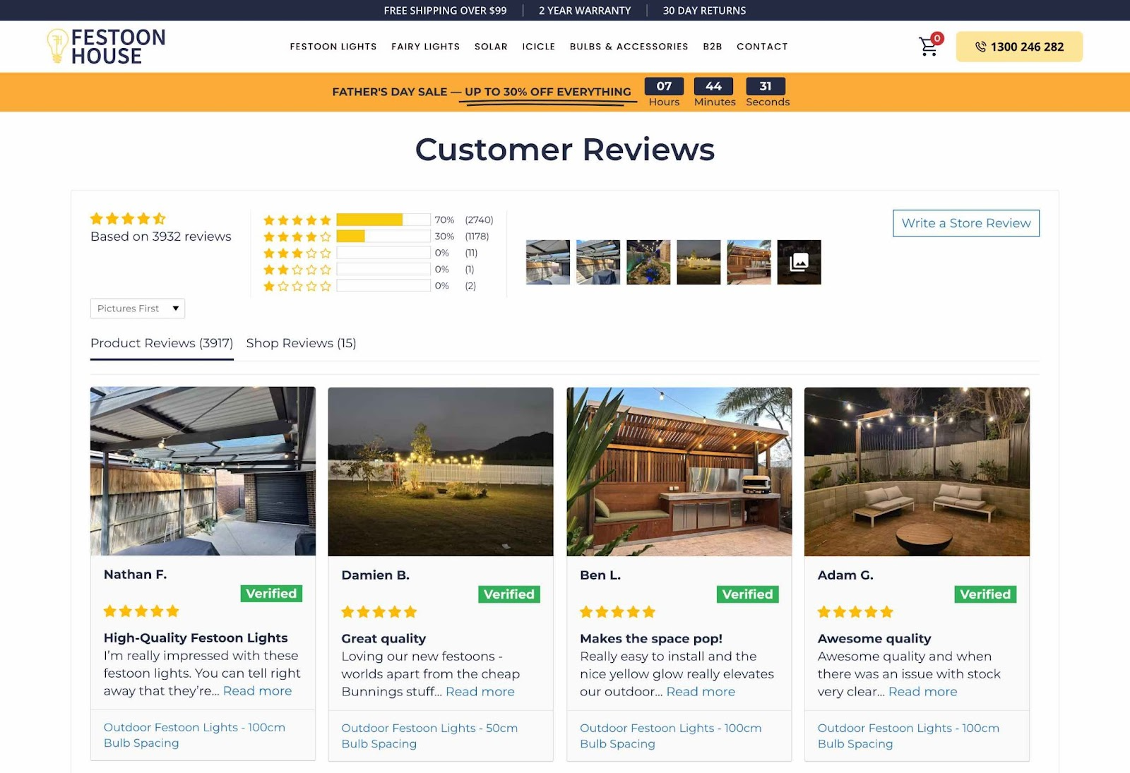 Customer reviews from Google and social media platforms displayed on the Festoon House’s site.