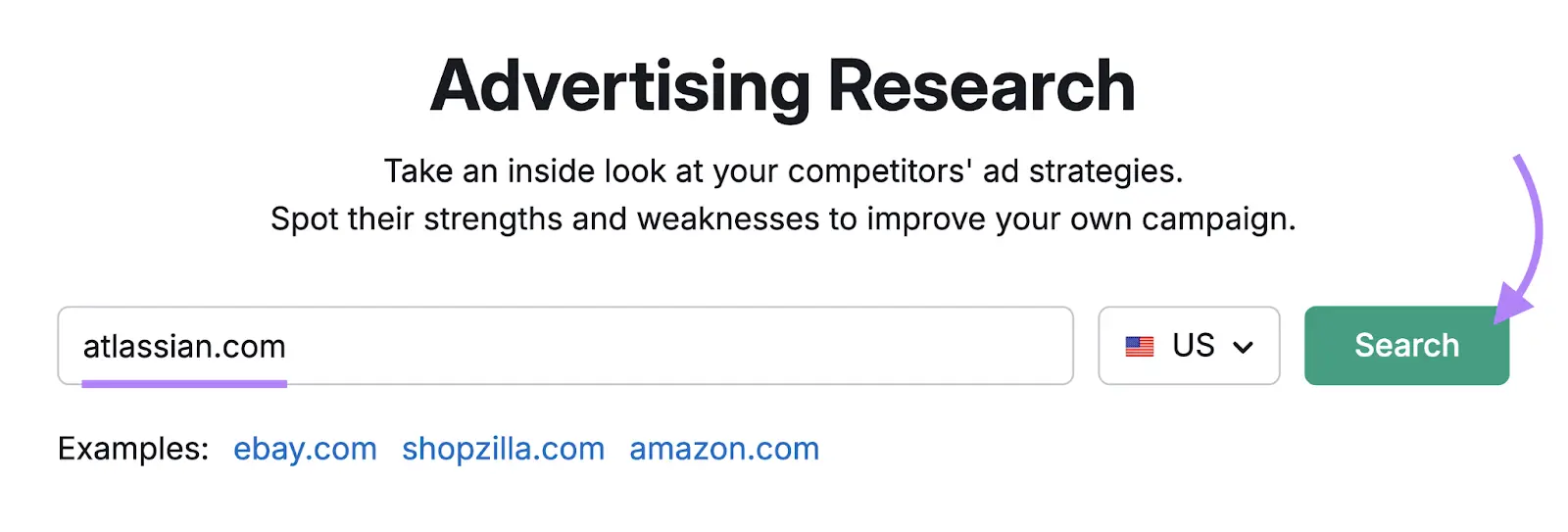 Advertising Research with "atlassian.com" entered as the term and "Search" clicked.