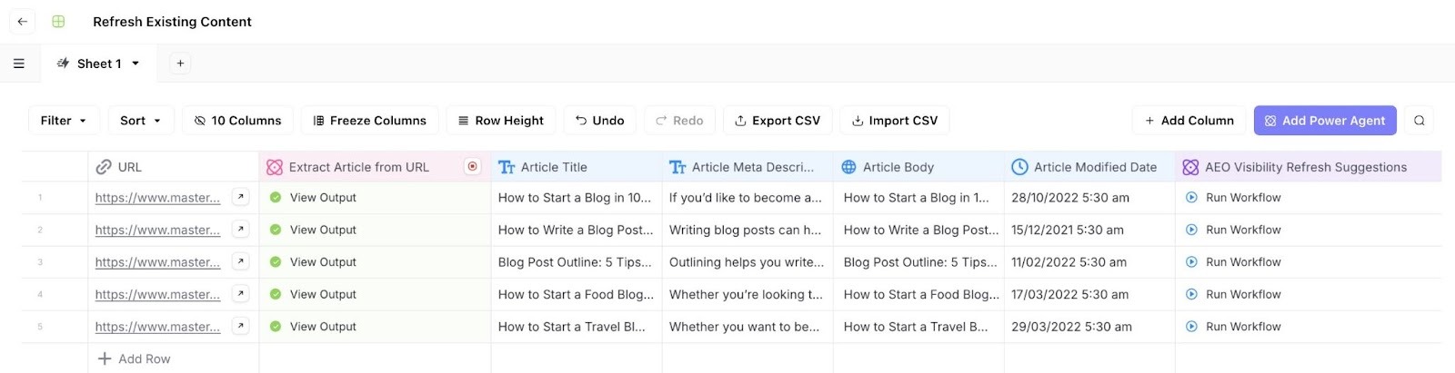 Refresh Existing Content on AirOps showing a list of URLs along with title, body, meta description, etc.