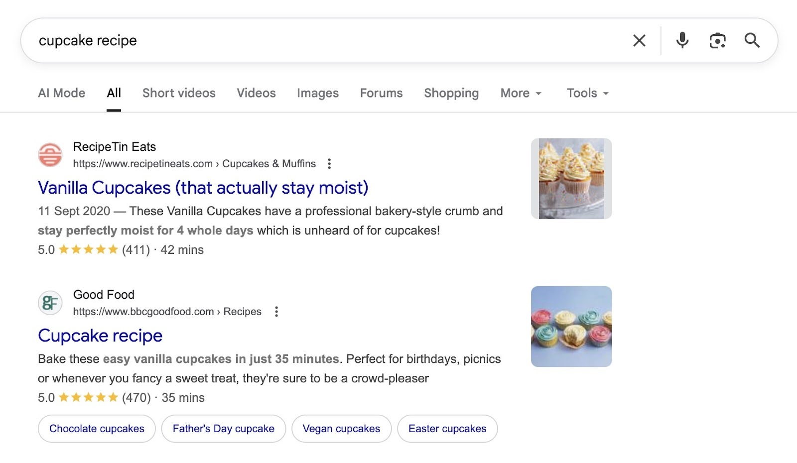 SERP for the term "cupcake recipe" showing organic text-based results.