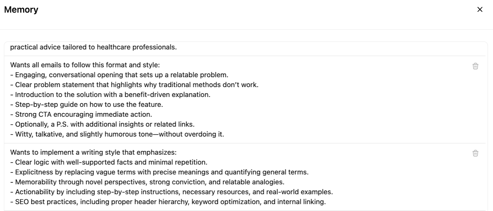 Memory allows you to save the audience, format, and writing style preferences.
