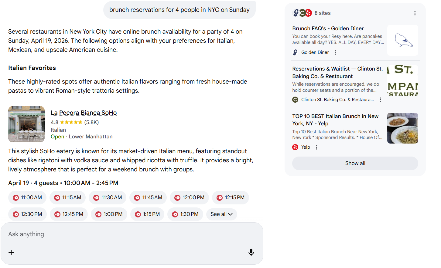 Entering reservation details into AI Mode pulls up options to book.