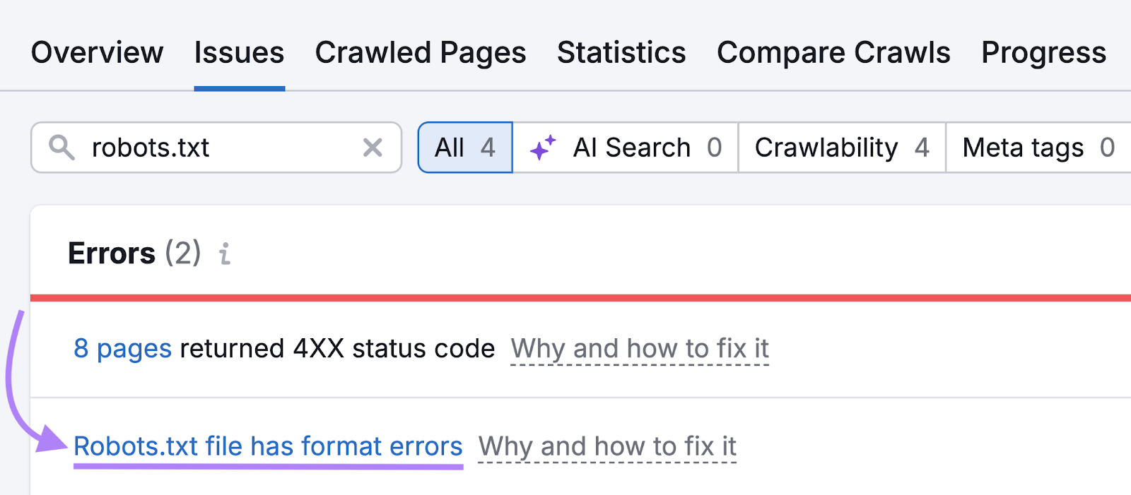 The error appears in our list.
