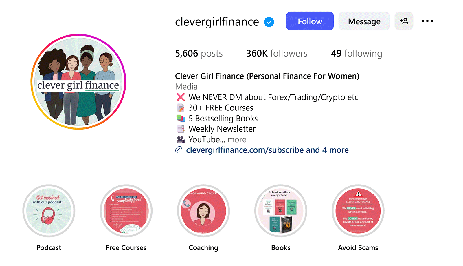 Clever Girl Finance Instagram profile showing follower count, highlights, and bio.