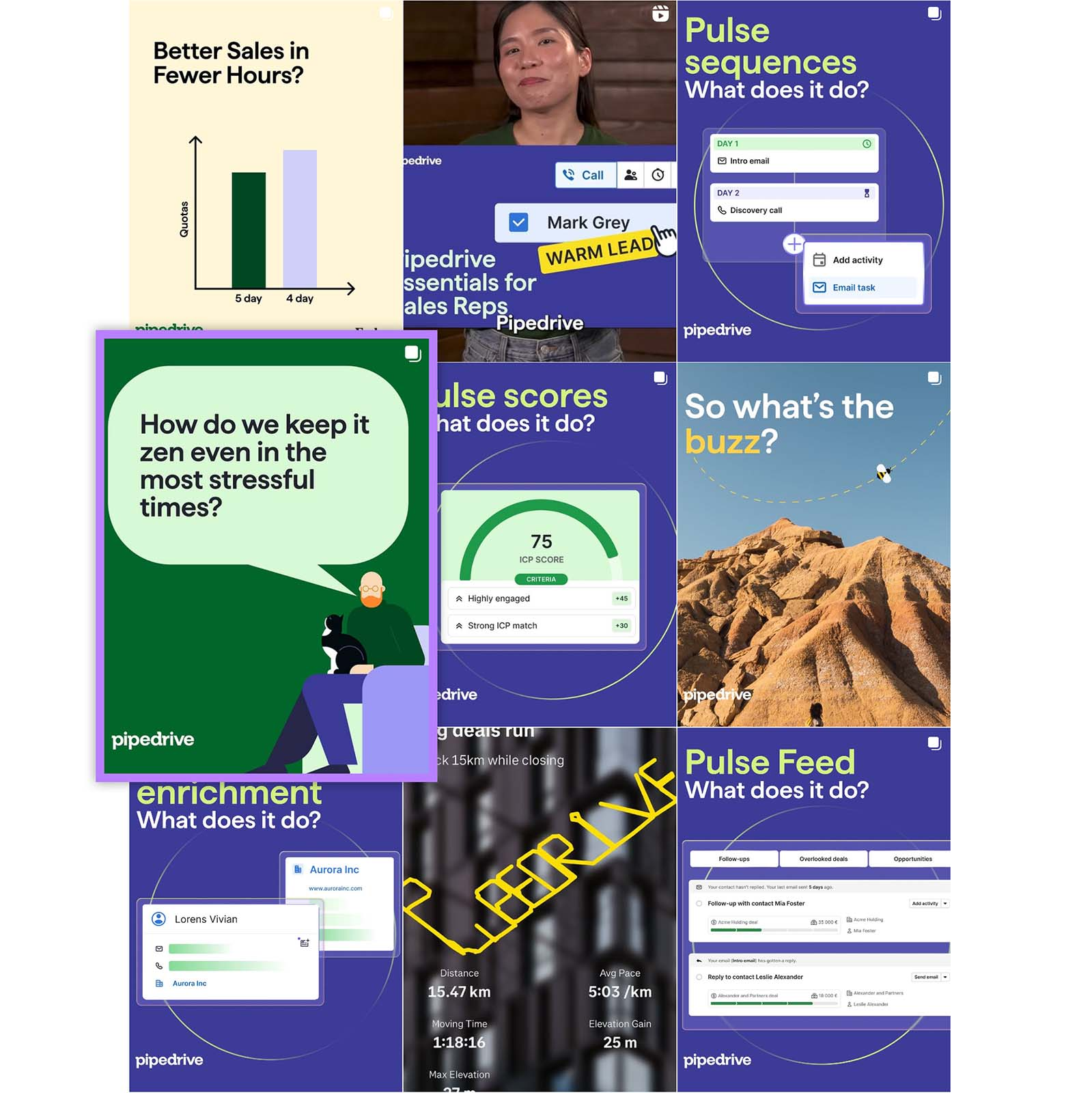 Instagram feed grid showing multiple Pipedrive posts with charts, questions, and product features.