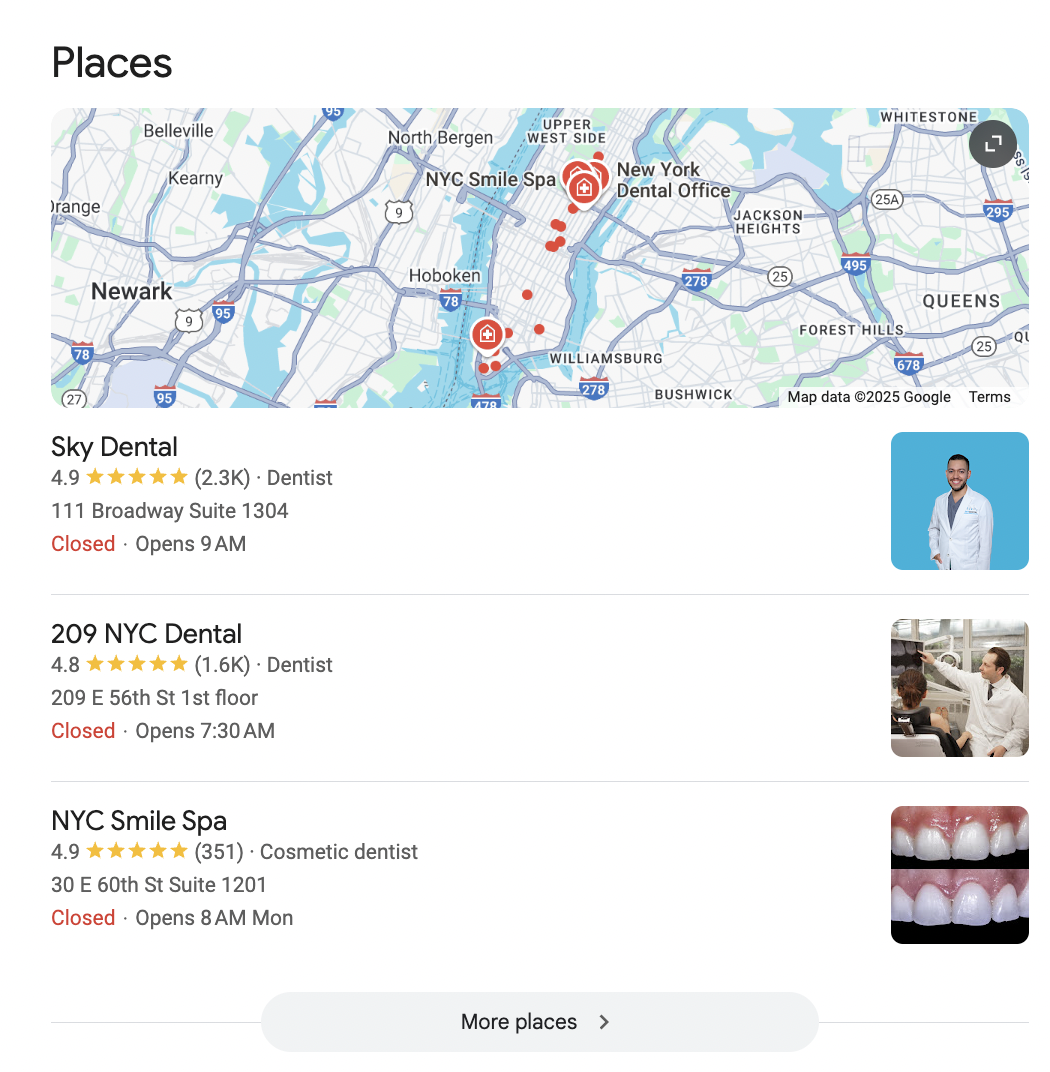 Google Local Pack results for a search on Google Assistant reading “What’s the best dentist in New York?”