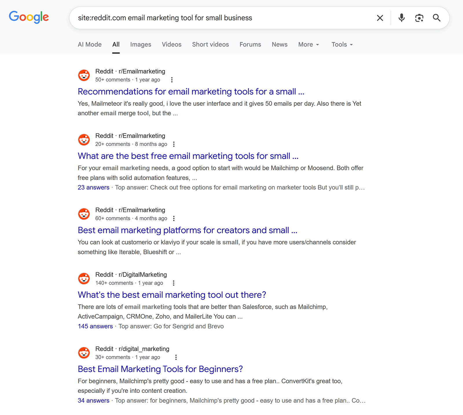 Google search results for site:reddit.com email marketing tools for small business.