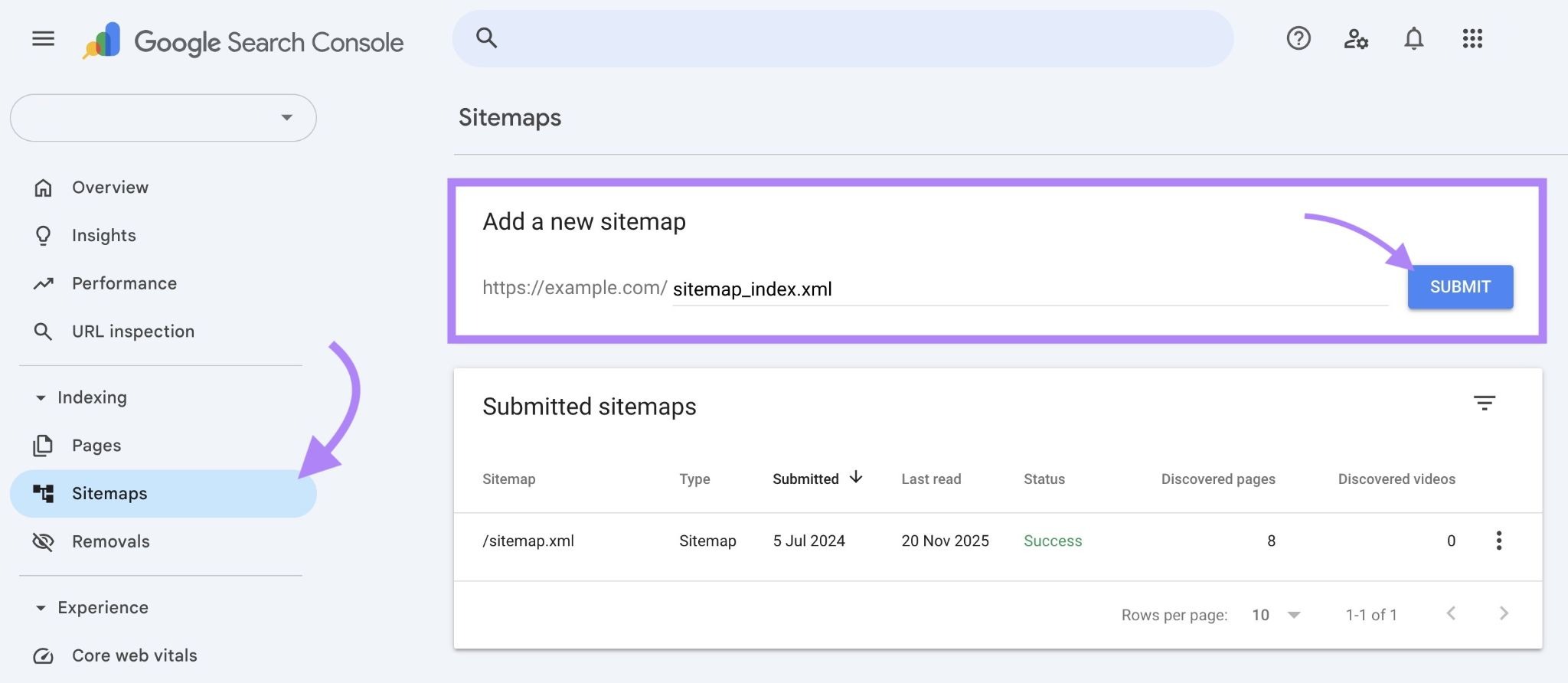 The "Sitemaps" tab on Google Search Console with a sitemap added and "Submit" clicked.