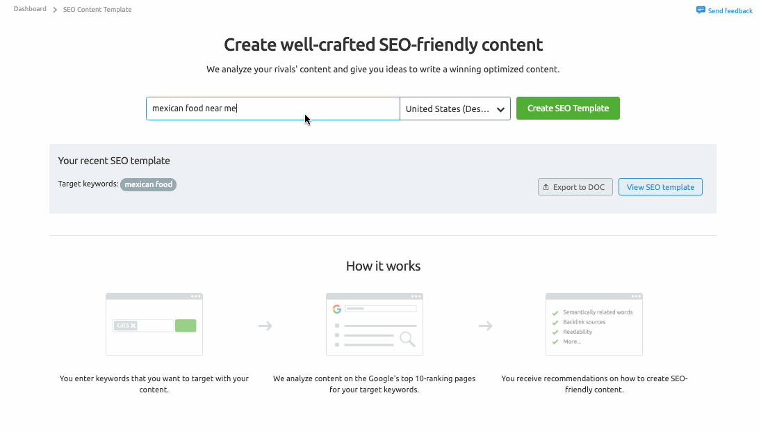 The SEO Content Template starting page with the targeting drop-down. 