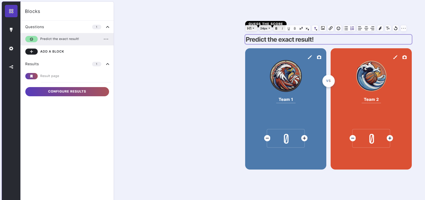 The &lsquo;Guess the Score&rsquo; option for a prediction game in the Quiz Maker app.