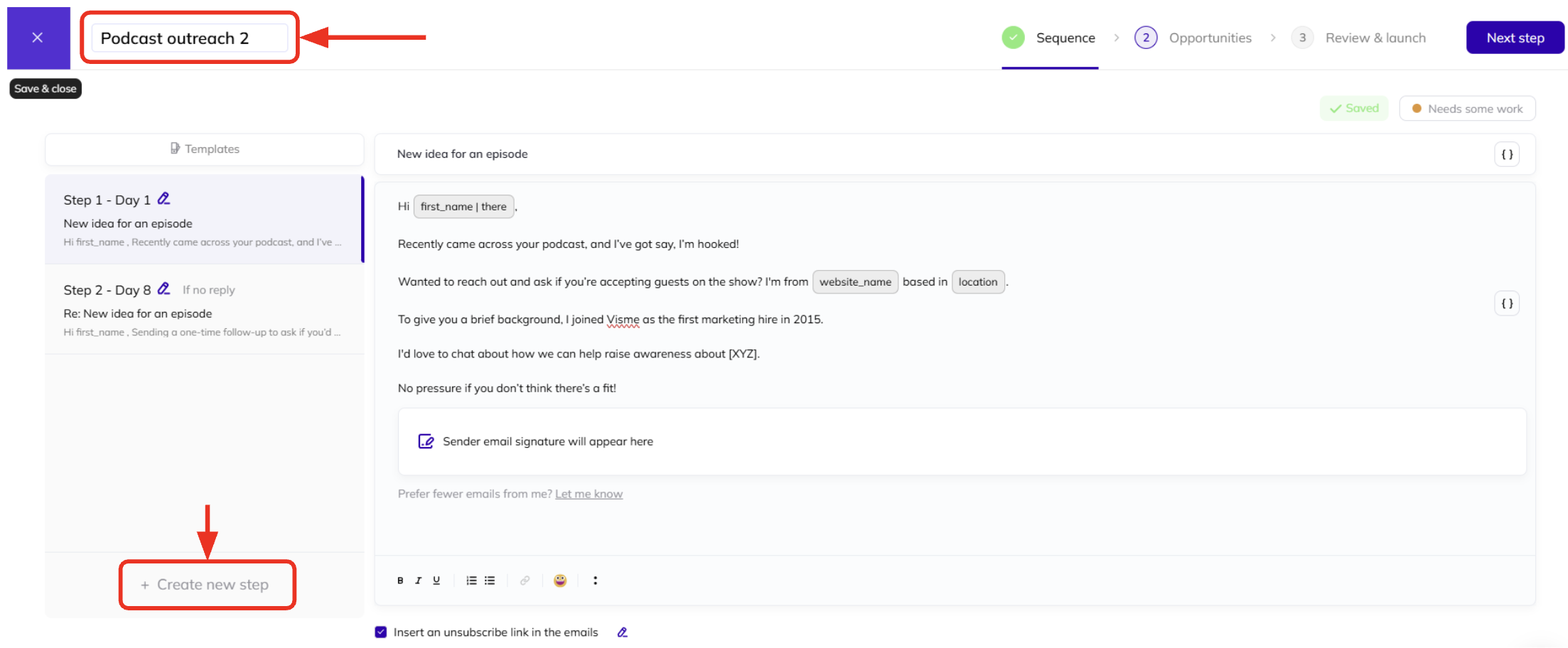 How to add steps to and change names of campaigns in AI Backlink Builder.