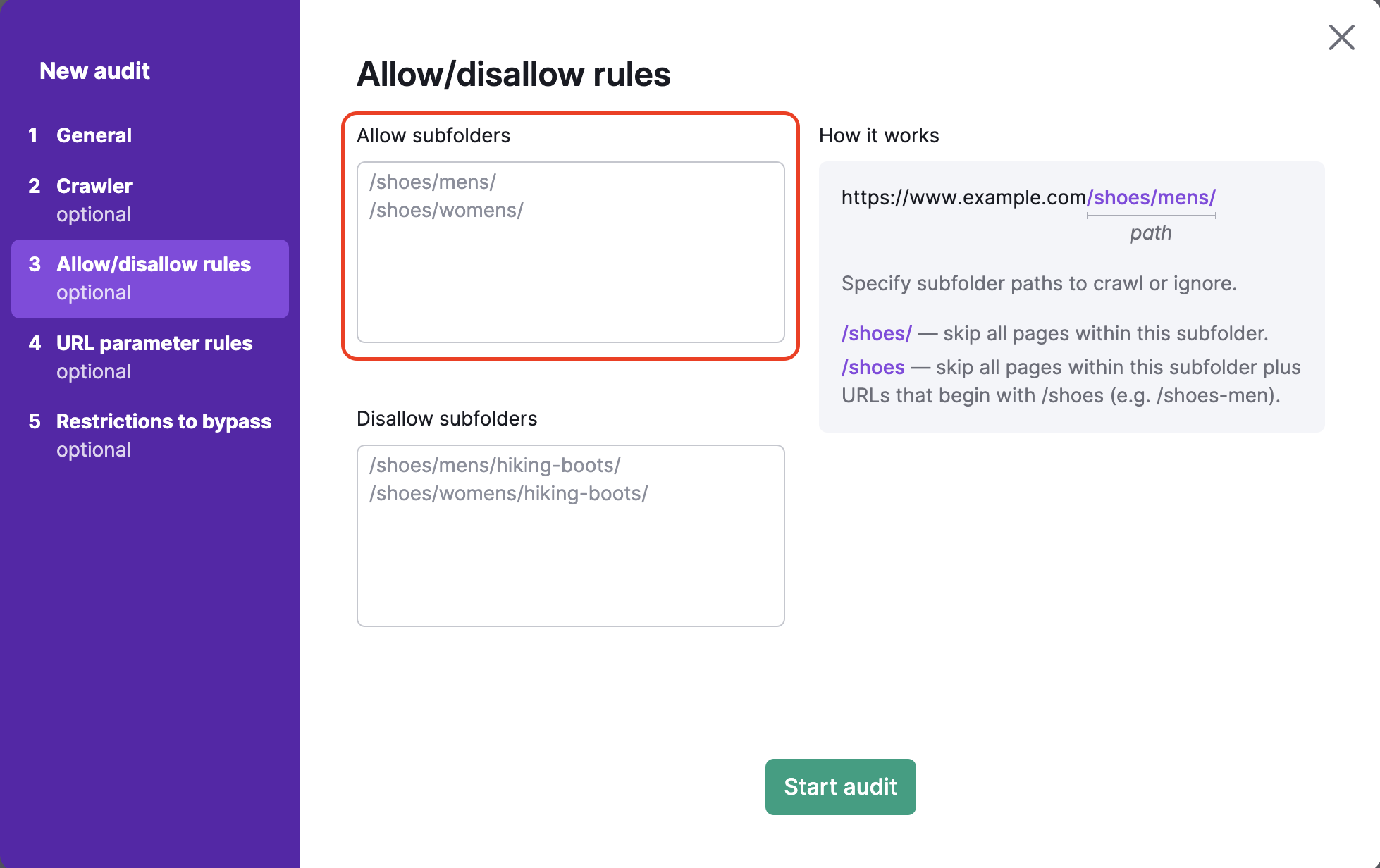 Allow/Disallow URLs step in the Site Audit settings. Two input fields are shown for allow and disallow masks, each accompanied by examples.