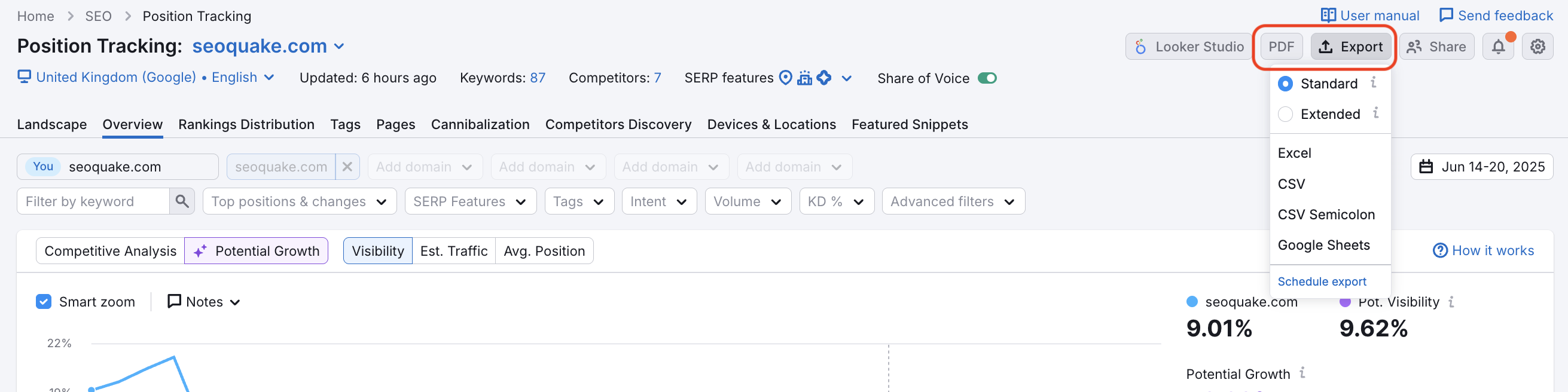 Export options in Position Tracking: PDF report and Excel, CSV, and Google Sheets.