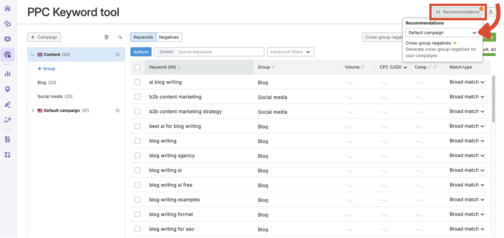 Recommendations button highlighted in the top-right corner of the PPC Keyword Tool interface.
