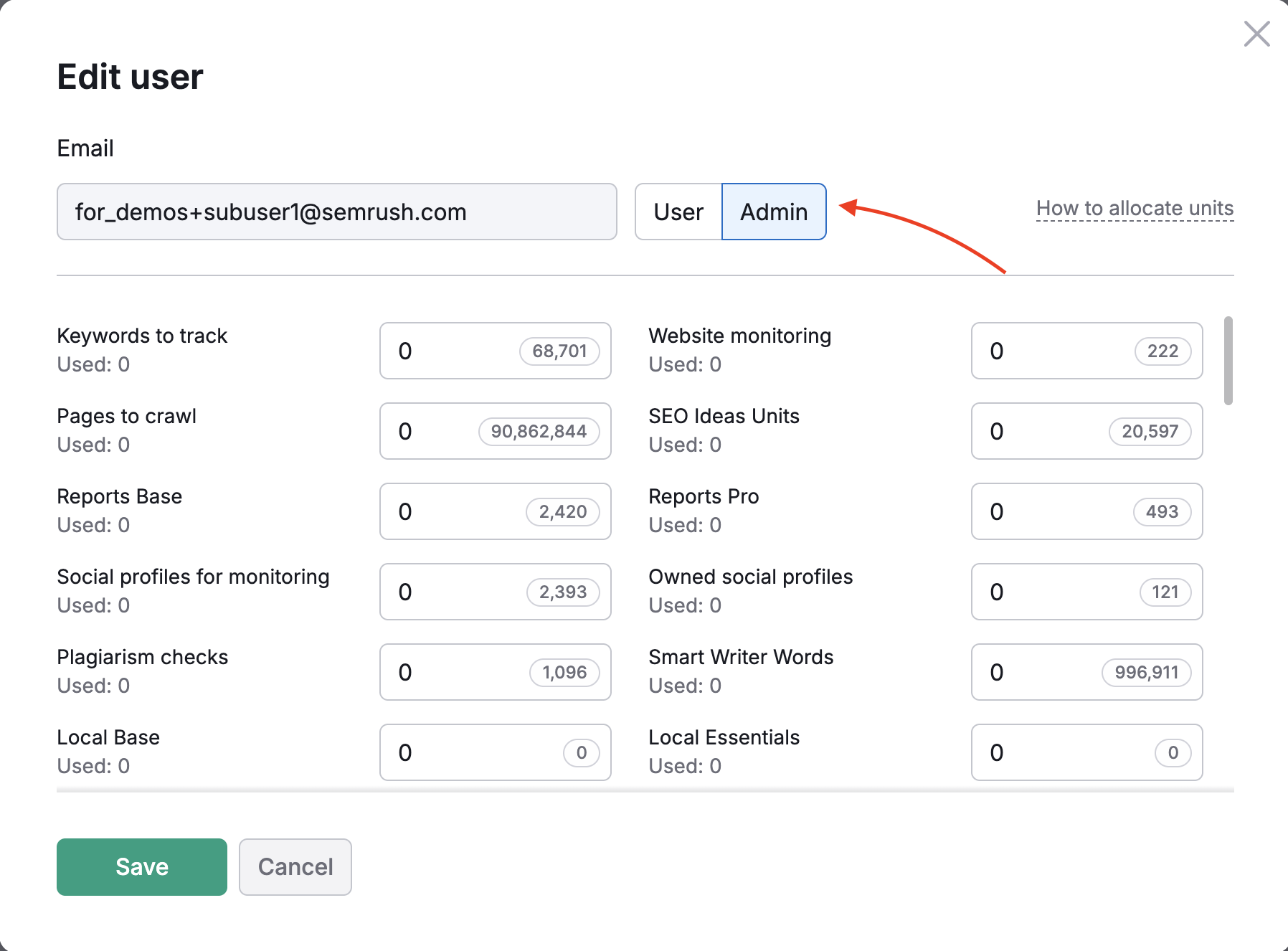 Set each team member as an Admin or a User.